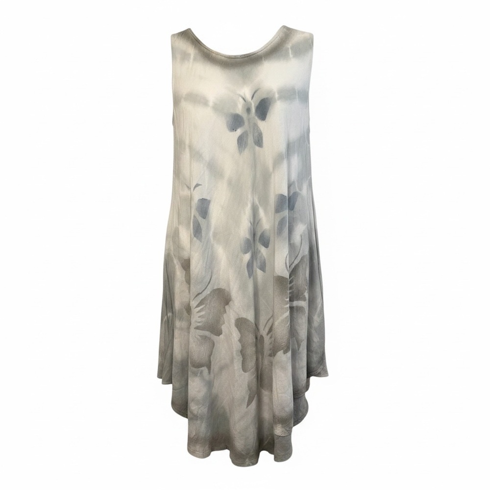 Pam’s Gray Floral Tie Dye Swing Dress Sleeveless Midi A-Line Boho Artsy